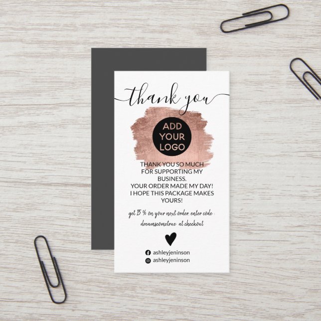 Rose gold brushstroke logo order thank you business card (Front/Back In Situ)