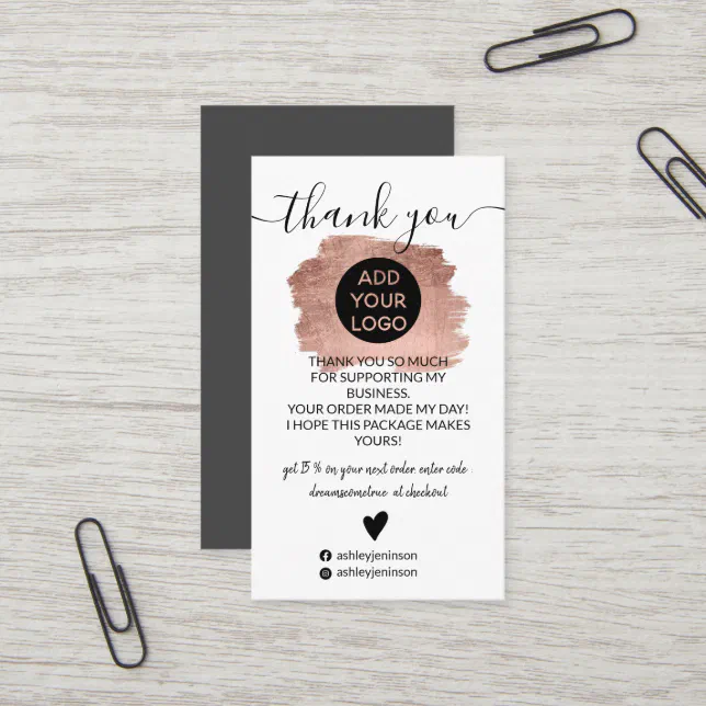Rose gold brushstroke logo order thank you business card | Zazzle