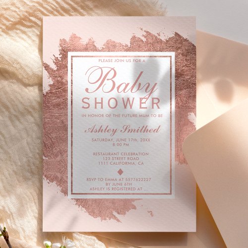 Rose Gold brushstrokes blush pink baby shower Invitation
