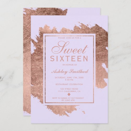 Rose Gold brushstrokes lavender Sweet 16 Invitation