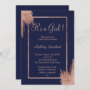 Rose gold brushstrokes navy blue girl baby shower invitation