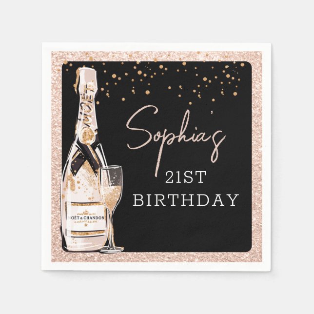 Rose Gold Bubbly Champagne Birthday Party Napkins (Front)