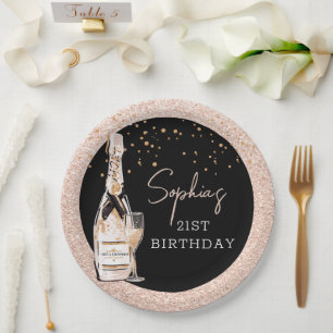 Rose Gold Bubbly Champagne Birthday Party Paper Plates