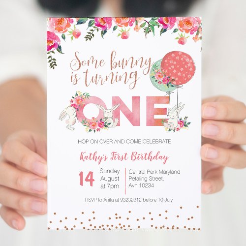 Rose Gold Bunny 1st Birthday Floral Invitation