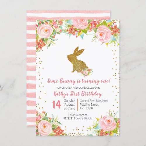 Rose Gold Bunny 1st Birthday Floral Invitation