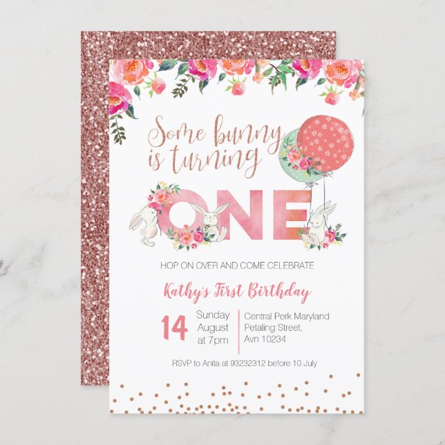 Rose Gold Bunny 1st Birthday Floral Invitation (Front/Back)
