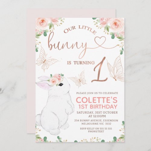 Rose Gold Bunny Butterflies 1st Birthday Invitation