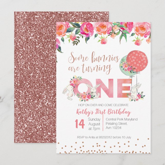 Rose Gold Bunny TWIN Birthday Floral Invitation (Front/Back)