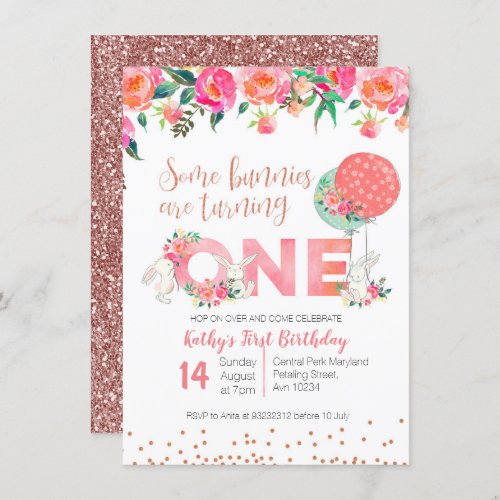 Rose Gold Bunny TWIN Birthday Floral Invitation