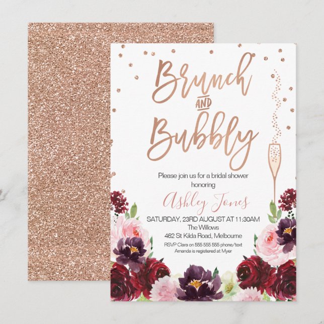 Rose Gold Burgund Floral Brunch Bridal Shower Invitation (Front/Back)