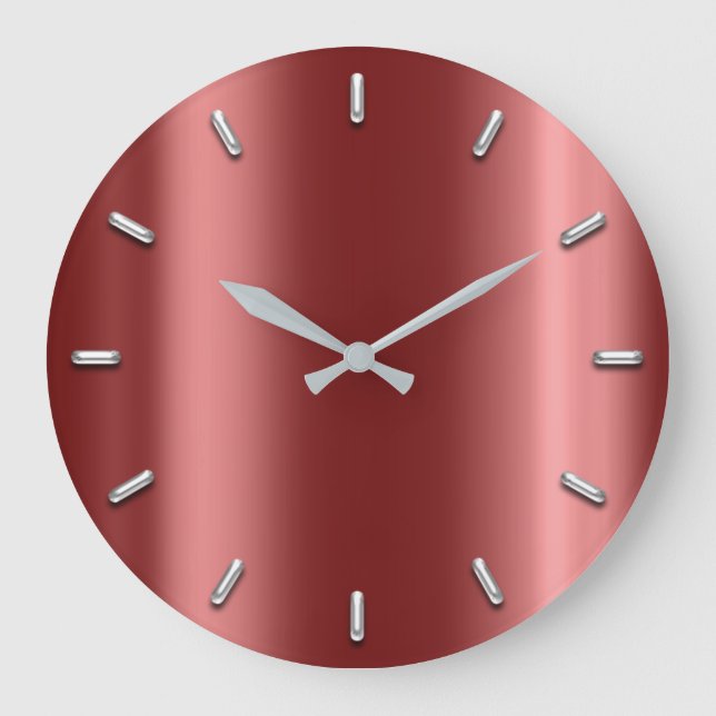 Rose Gold Burgund Red Metallic Minimal Silver Gray Large Clock (Front)