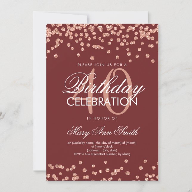 Rose Gold Burgundy 40th Birthday Glitter Confetti Invitation (Front)