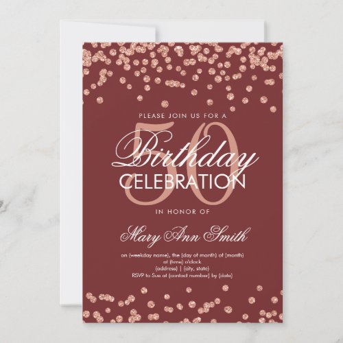 Rose Gold Burgundy 50th Birthday Glitter Confetti Invitation