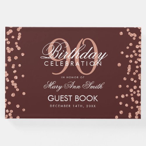 Rose Gold Burgundy 90th Birthday Glitter Confetti Guest Book