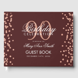 Rose Gold Burgundy 90th Birthday Glitter Confetti Guest Book