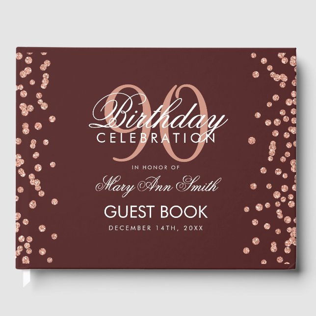 Rose Gold Burgundy 90th Birthday Glitter Confetti Guest Book (Front)