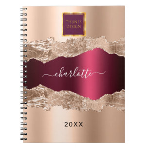Rose gold burgundy agate marble business logo notebook