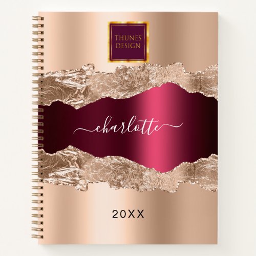 Rose gold burgundy agate marble business logo notebook