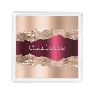 Rose gold burgundy agate marble name elegant acrylic tray