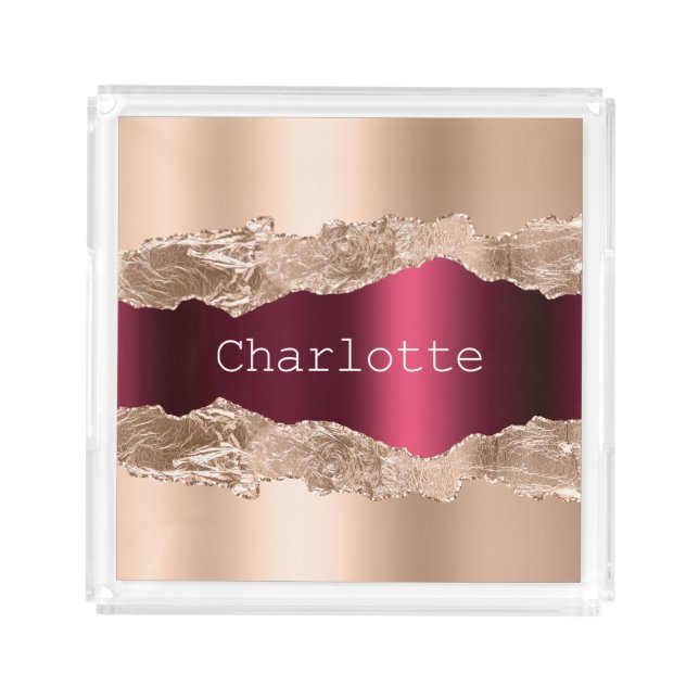 Rose gold burgundy agate marble name elegant acrylic tray (Front)