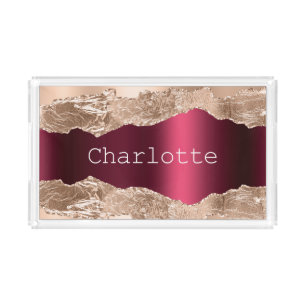 Rose gold burgundy agate marble name elegant acrylic tray