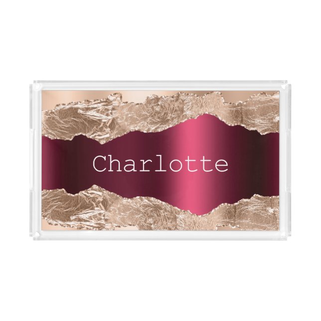 Rose gold burgundy agate marble name elegant  acrylic tray (Front)