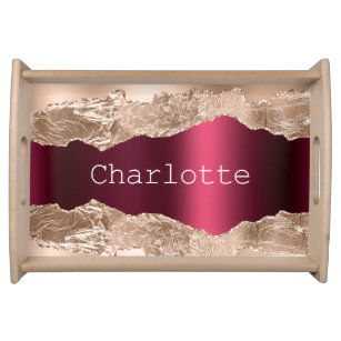 Rose gold burgundy agate marble name elegant  serving tray