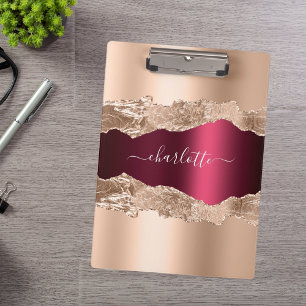 Rose gold burgundy agate marble name glamorous clipboard