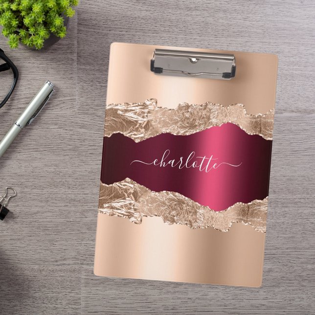 Rose gold burgundy agate marble name glamorous clipboard (Creator Uploaded)
