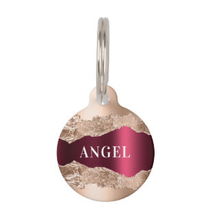 Rose gold burgundy agate marble name pet ID tag