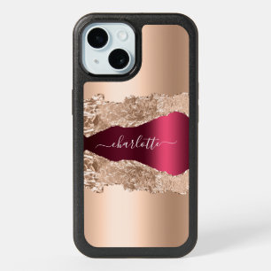 Rose gold burgundy agate marble name script iPhone 15 case