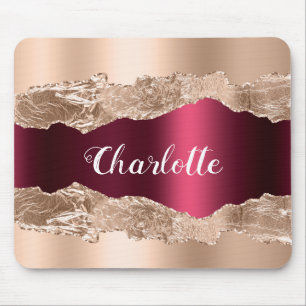 Rose gold burgundy agate marble name script mouse pad