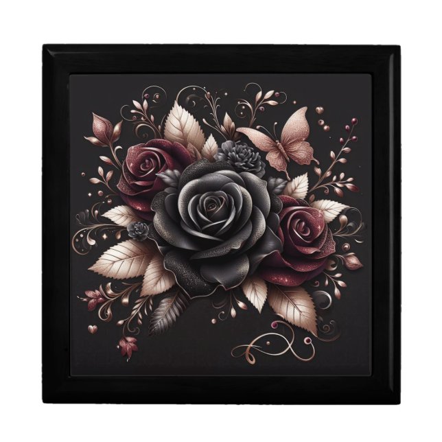 Rose Gold, Burgundy and Black Roses and Butterfly Gift Box (Front)