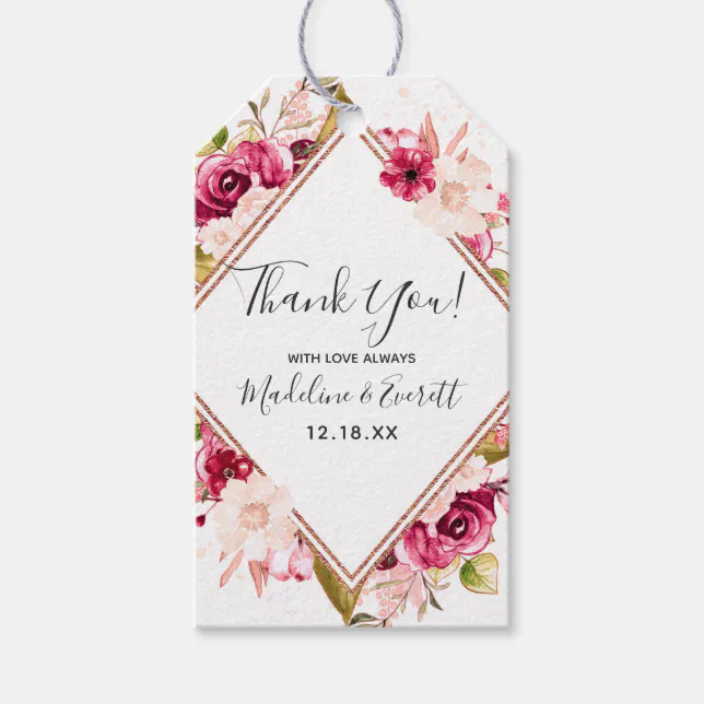 Rose Gold Burgundy & Blush Pink Floral Thank You Gift Tags | Zazzle