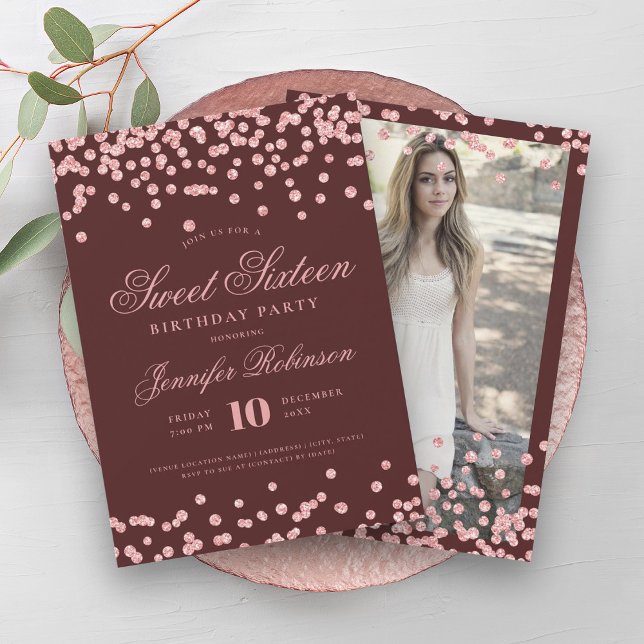 Rose Gold Burgundy Confetti Photo Sweet 16   Invitation (Rose Gold Burgundy Confetti Photo Sweet 16 Invitation)