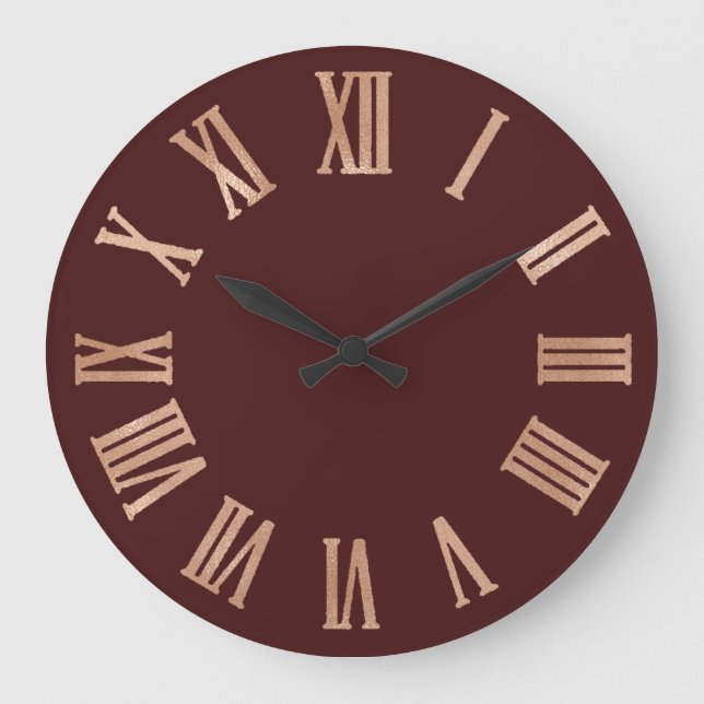 Rose Gold Burgundy Copper Metallic Roman Numers Large Clock (Front)