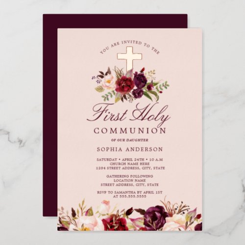 Rose Gold  Burgundy Cross Girls First Communion  Foil Invitation