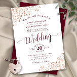 Rose Gold & Burgundy Elegant Frilly Lace Wedding Invitation<br><div class="desc">This beautiful wedding invitation features a simple yet elegant design with burgundy script calligraphy on a classic white background and frilly rose gold faux foil lace filigree in the corners. The typography and layout are elegant and classy. Wonderful way to invite your friends and family to share in your joy...</div>