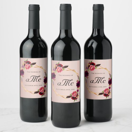 Rose gold burgundy floral geo monogram Wedding Wine Label