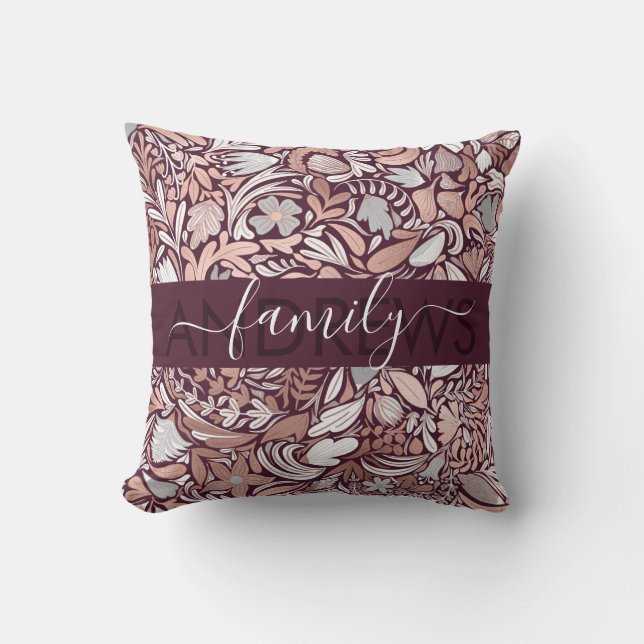 Rose Gold Burgundy Floral Illustration Family Throw Pillow (Front)