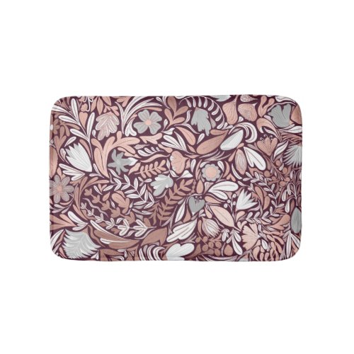 Rose Gold Burgundy Floral Illustration Pattern Bath Mat