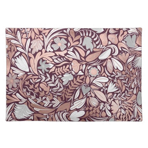 Rose Gold Burgundy Floral Illustration Pattern Cloth Placemat
