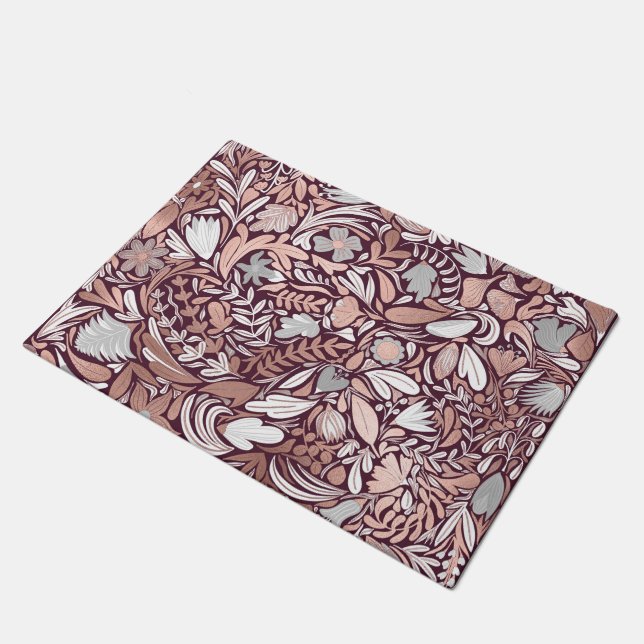 Rose Gold Burgundy Floral Illustration Pattern Doormat (Angled)