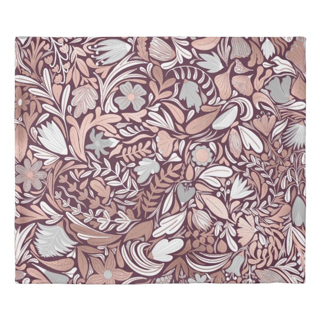 Rose Gold Burgundy Floral Illustration Pattern Duvet Cover (Front)