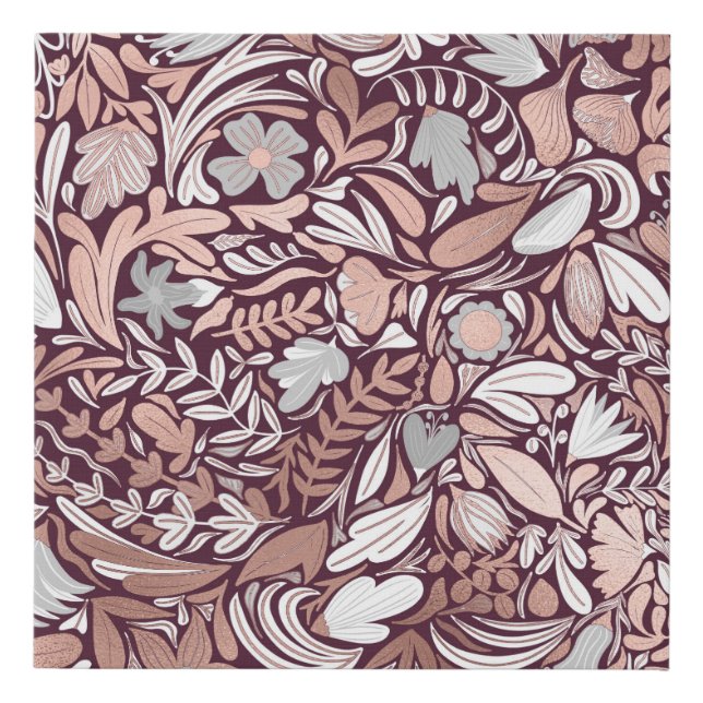 Rose Gold Burgundy Floral Illustration Pattern Faux Canvas Print (Front)