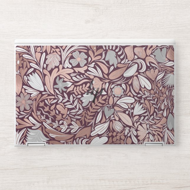 Rose Gold Burgundy Floral Illustration Pattern HP Laptop Skin (Front)