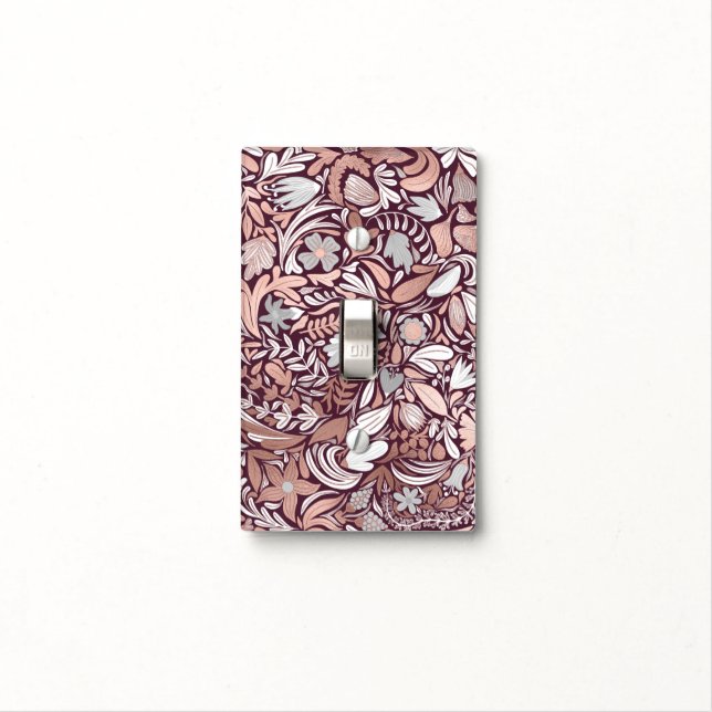 Rose Gold Burgundy Floral Illustration Pattern Light Switch Cover (In Situ)