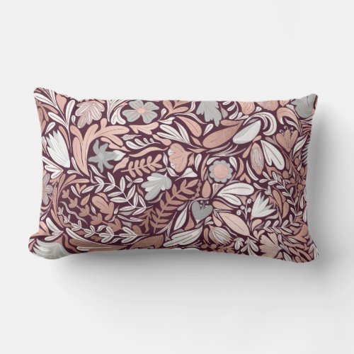 Rose Gold Burgundy Floral Illustration Pattern Lumbar Pillow