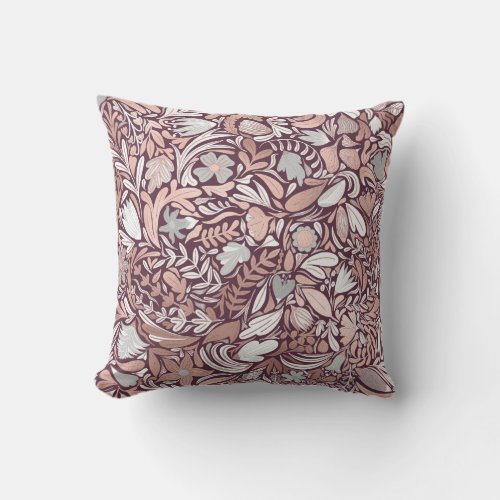 Rose Gold Burgundy Floral Illustration Pattern Outdoor Pillow