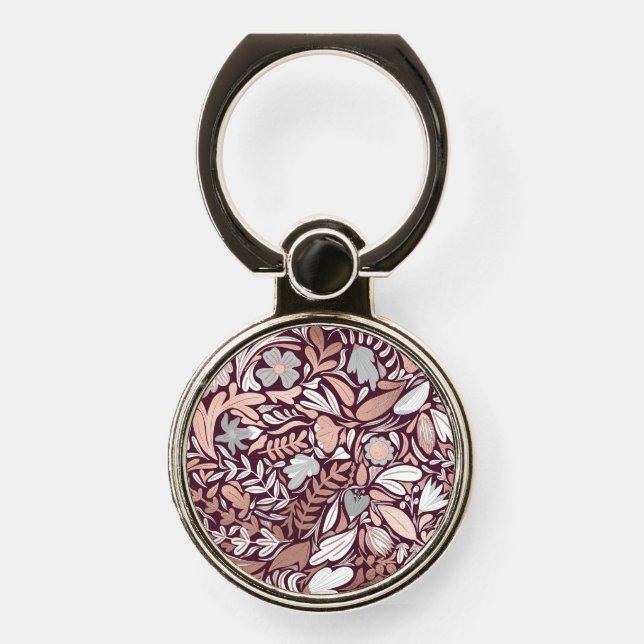 Rose Gold Burgundy Floral Illustration Pattern Phone Ring Stand (Front)